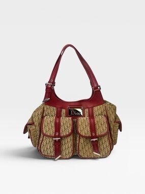 Dior Trotter Red Leather Trim Beige Logo Canvas Shoulder Bag